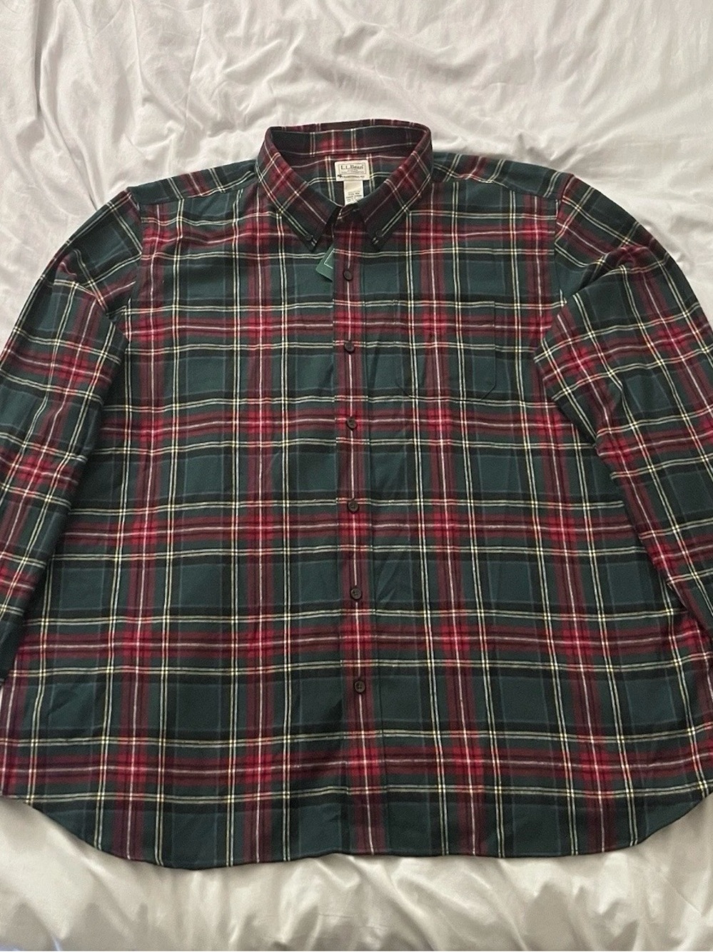 LL Bean  Men 3XL Princess Mary Plaid Scotch Flannel Green Red Button Down Shirt
